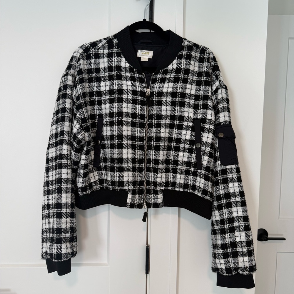 Anthropologie Black and White Plaid Bomber Jacket